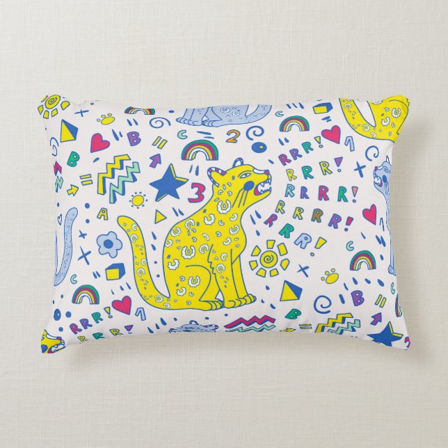 Almofada Decorativa padrão infantil com tigre, letras, arco-íris,  (Frente)