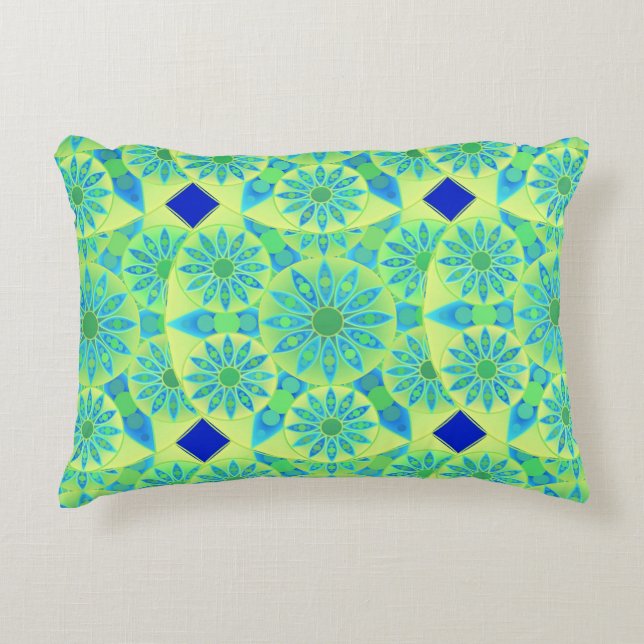 Almofada Decorativa Padrão Mandala, turquesa, azul, verde limão (Frente)
