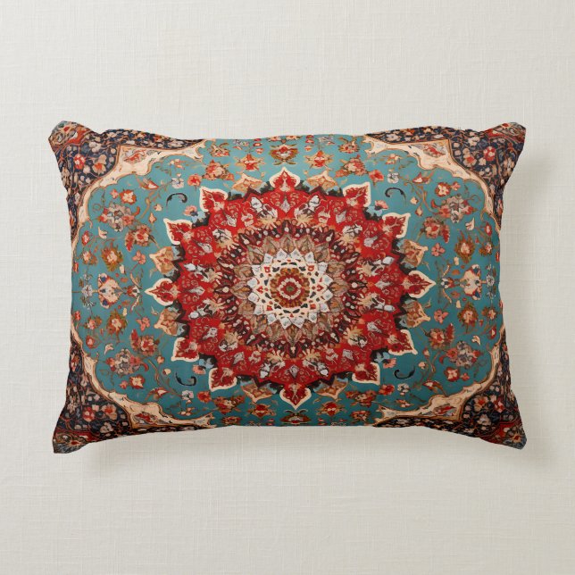 Almofada Decorativa Padrão Persa Retro Oriental Vermelho Creme Azul (Frente)