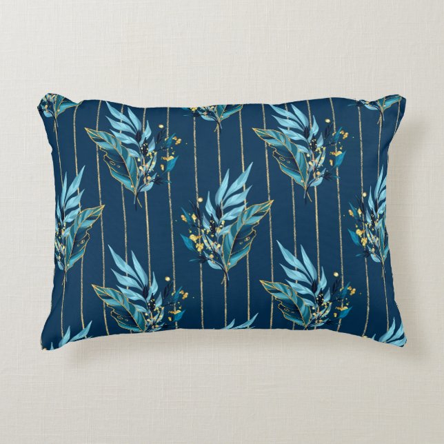 Almofada Decorativa Padrão sem costura com folhas e tiras azuis (Frente)