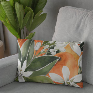 Almofada Decorativa Padrão Tropical Laranja e Flores de Água