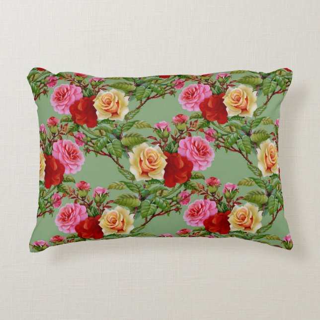 Almofada Decorativa Padrões Negros Rosas Cor-de-Rosa Amarelo-Vermelho  (Frente)