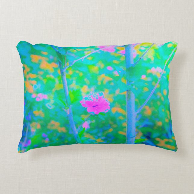 Almofada Decorativa Paisagem Azul Impressionista com Flor Rosa (Frente)
