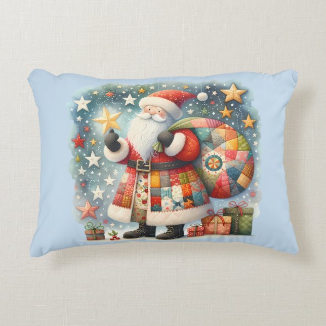 Almofada Decorativa Papai Noel de Patchwork Acolchoado com Estrelas de (Frente)