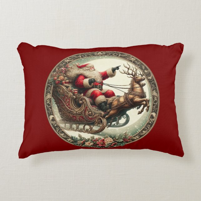 Almofada Decorativa Papai Noel de trenó e renas (Frente)