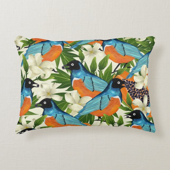 Almofada Decorativa Papaya tropical e padrão de pássaros. (Frente)