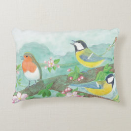 Almofada Decorativa Pássaros cantando em um galho de árvore florescent
