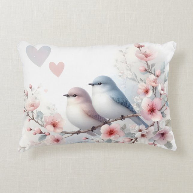 Almofada Decorativa Pássaros de Amor Romântico no Ramo de Flor de Cere (Frente)
