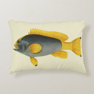 Almofada Decorativa Peixe garoupa azul e amarelo, vida marinha vintage