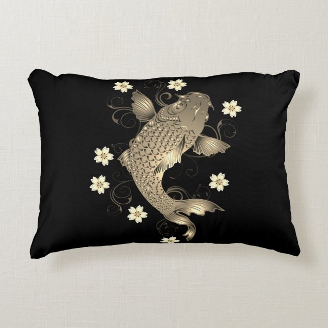 Almofada Decorativa Peixe-koi, preto oriental e ouro, elegante floral (Frente)