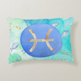 Almofada Decorativa Peixes Azul Verde Astrologia das Aquarelas Zodiac