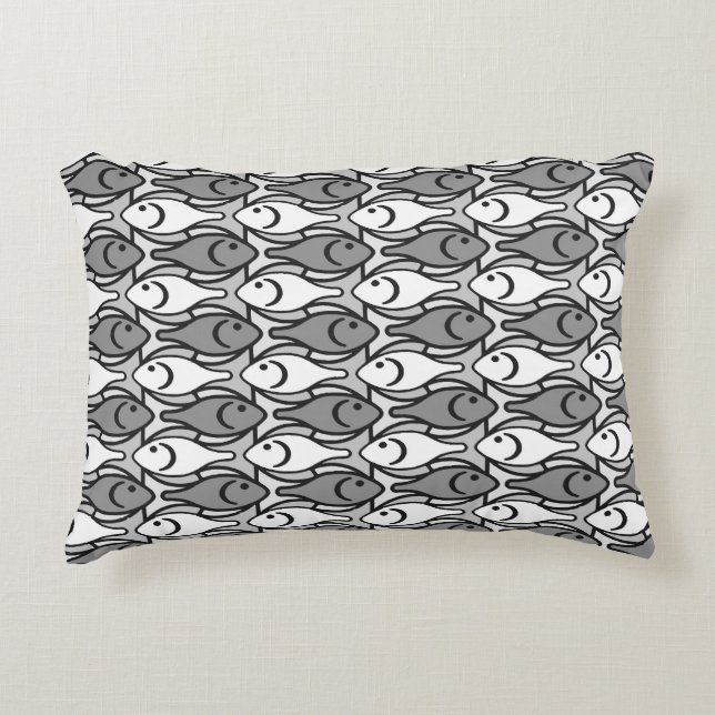 Almofada Decorativa Peixes modernos do século médio, cinzas, brancos e (Frente)