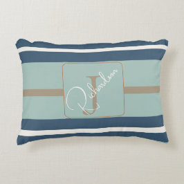 Almofada Decorativa Personalized Blue Mint Tan Stripe Monogram Coastal