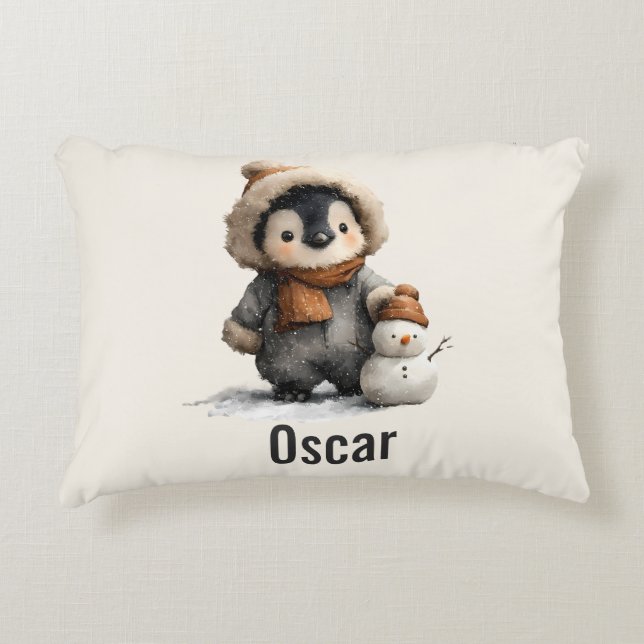 Almofada Decorativa Pinguim de Inverno com Desenho de Boneco de Neve (Frente)