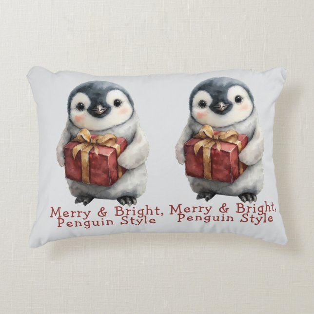 Almofada Decorativa Pinguim de Natal Alegre e Brilhante (Frente)