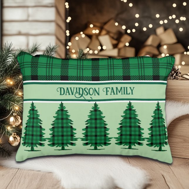 Almofada Decorativa Pinheiros de Tartan Preto Verde (Criador carregado)