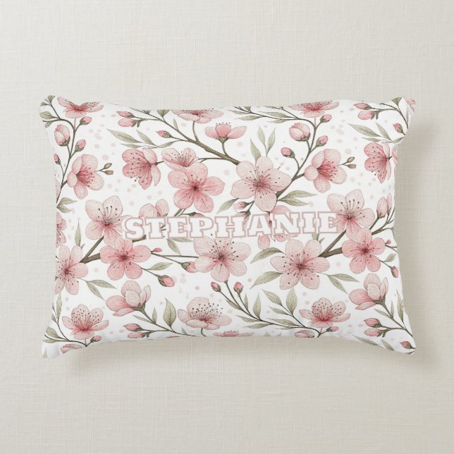 Almofada Decorativa Pink Cherry Blossom Sakura Padrão em Branco (5) (Frente)