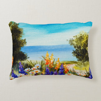 Almofada Decorativa pintura de óleo de flores perto do mar, campo de c
