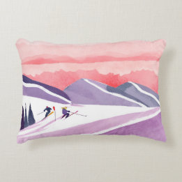 Almofada Decorativa Pôr do sol da montanha de esqui em aquarela pastel