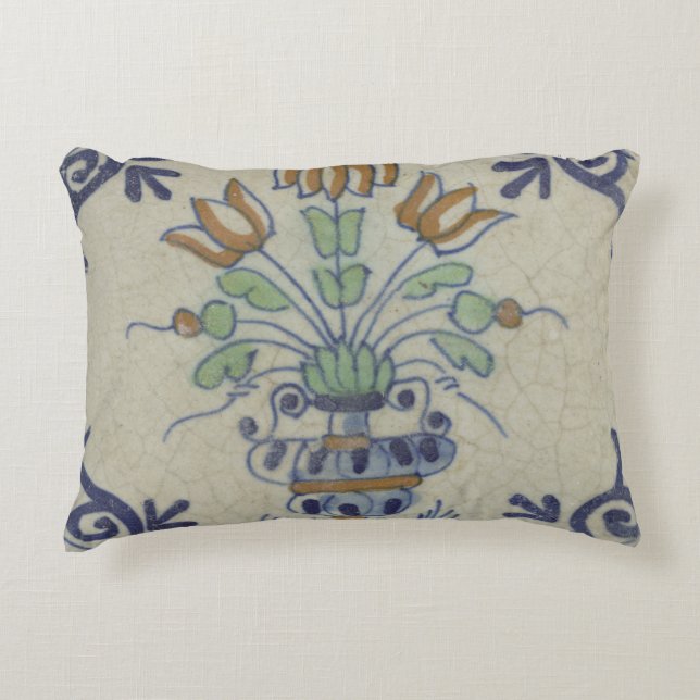 Almofada Decorativa Pote De Flor Antiquado Com Azulejo Delft (Frente)