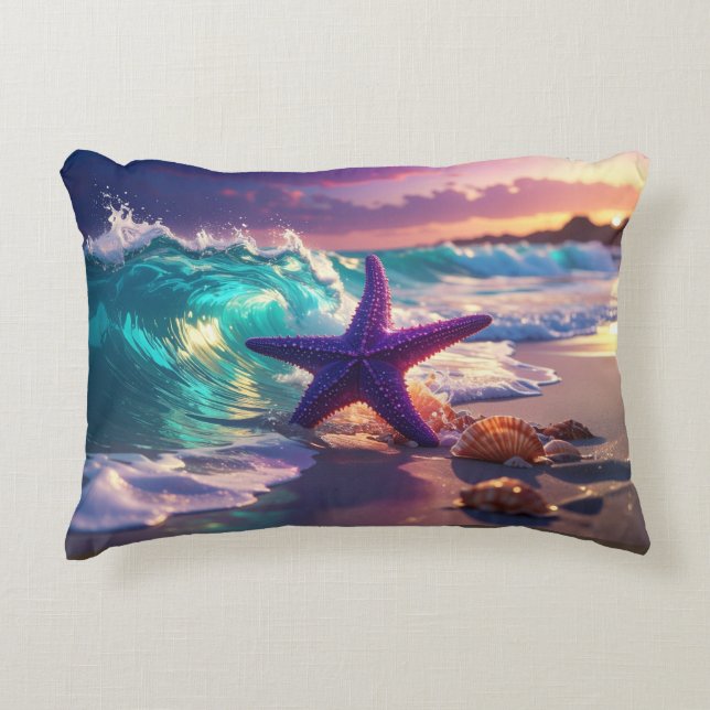 Almofada Decorativa Praia oceânica com estrelas-do-mar violetas (Frente)