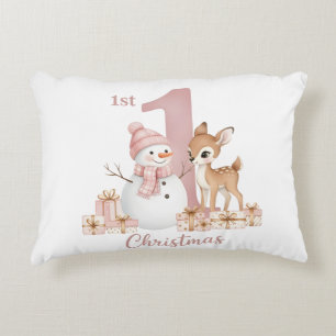 Almofada Decorativa Primeiro Natal da Menina com Boneco de Neve e Cerv