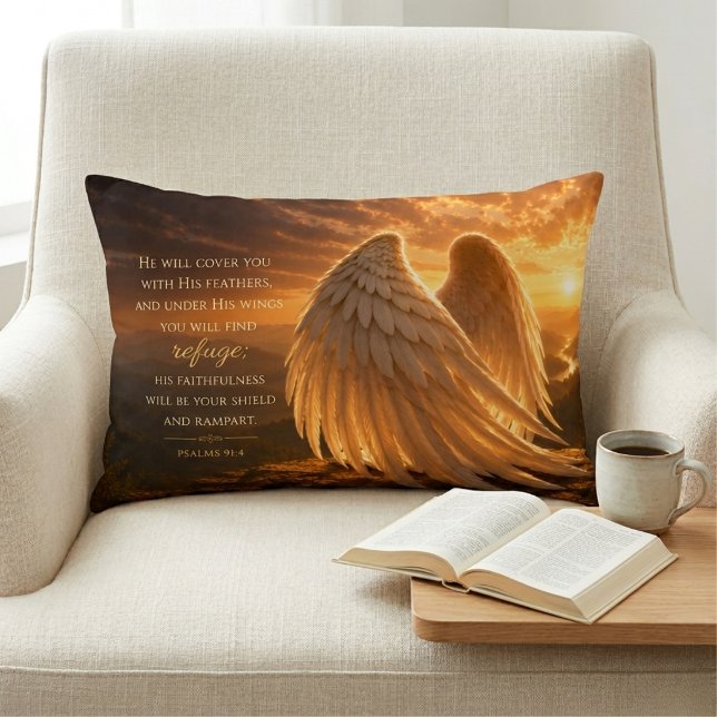 Almofada Decorativa Psalm 91:4 Asas de Anjo Cristão (Criador carregado)