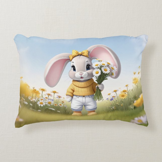 Almofada Decorativa Rabbit holding bouquet of white daisies (Frente)