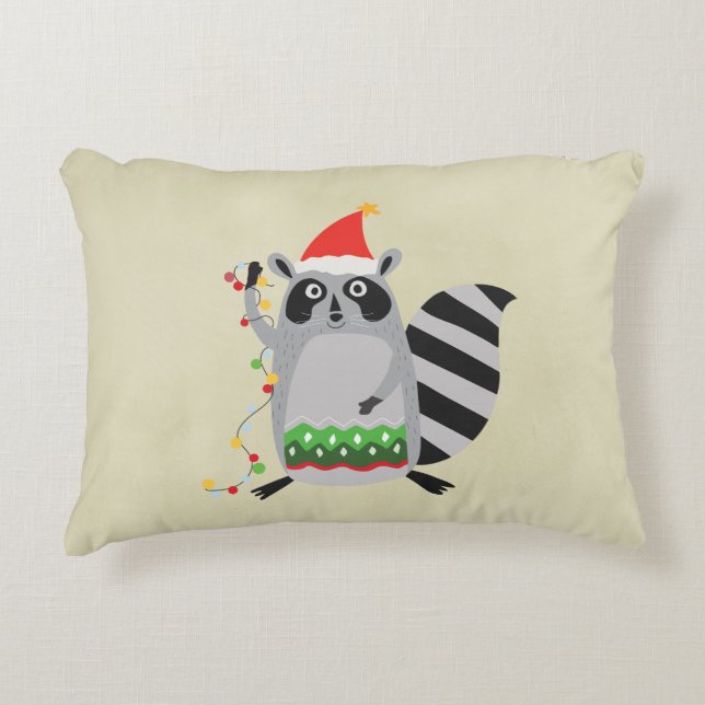 Almofada Decorativa Raccoon Em Santa Hat Entrou Em Luzes De Xmas (Frente)