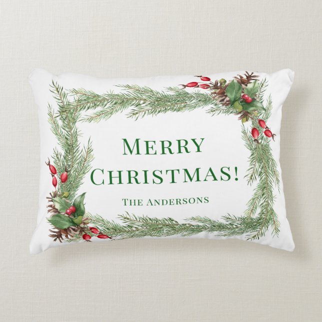 Almofada Decorativa Red Berries Pine Agulhas Feliz Natal (Frente)