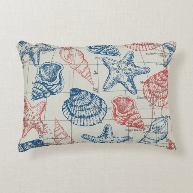 Almofada Decorativa Red Blue Nautical Map Sailing Ship (Frente)