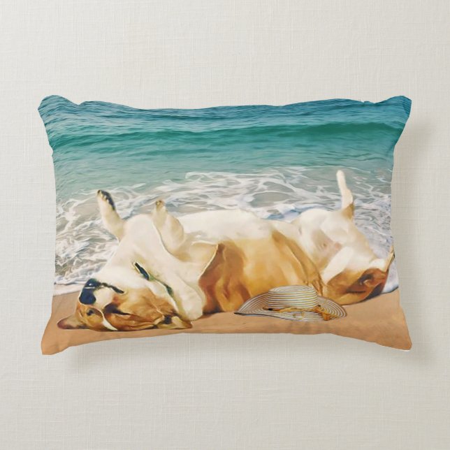 Almofada Decorativa Relaxando Welsh Corgi na Praia (Frente)