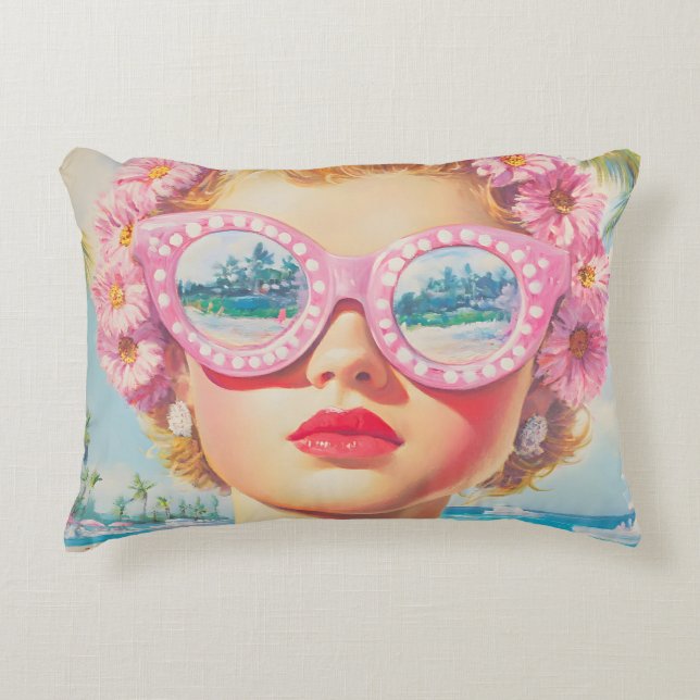 Almofada Decorativa Retro Beach Girl com óculos de sol florais (Frente)
