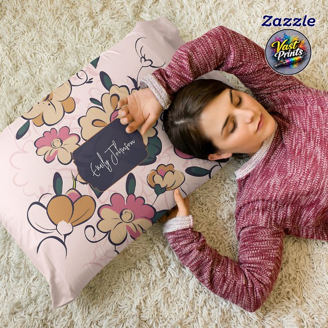 Almofada Decorativa Retro Botânico Nome Personalizado Rosa Creme Bege (Retro Botanical Custom Name Pink Cream Beige Accent Pillow)