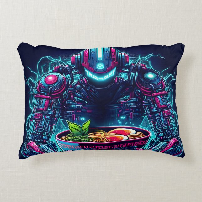 Almofada Decorativa Robô Futurista Ciberpunk Neon Comida Ramen (Frente)