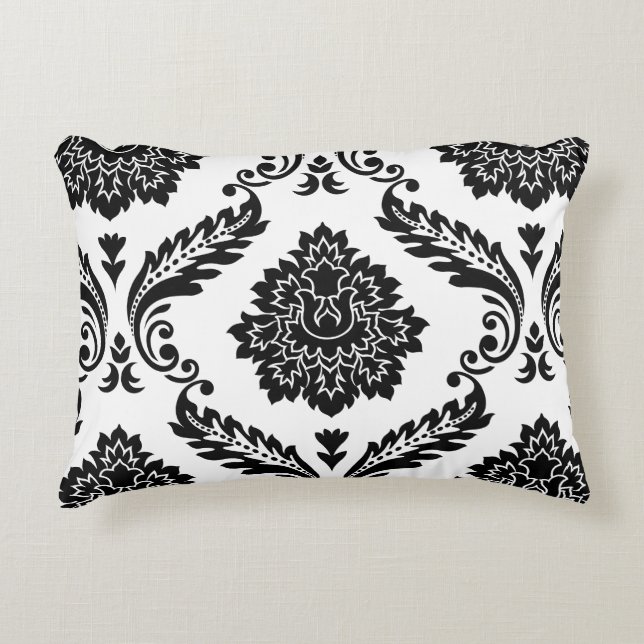 Almofada Decorativa Rococo Damask Padrão Grande Preto no Branco (Frente)