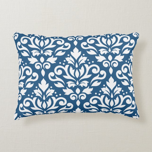 Almofada Decorativa Rolar Damask Lg Ptn White em Dk Blue (Frente)