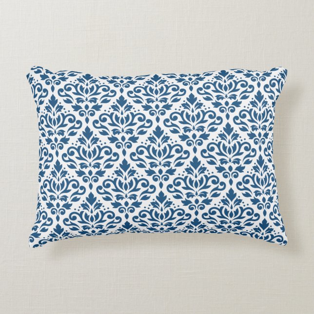 Almofada Decorativa Rolar o Damask Ptn Dk Azul em Branco (Frente)