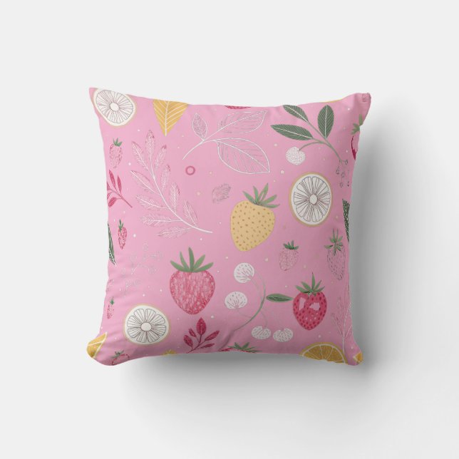 Almofada Decorativa Rosa com Morango e Padrão Flor (Frente)