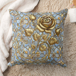 Almofada Decorativa Rosa Dourada em Vidro Azul