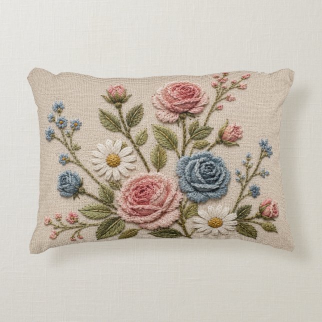 Almofada Decorativa Rosas Embroidered Blush & Azul (Frente)