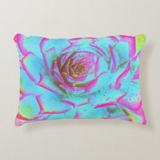 Almofada Decorativa Sedum Rosette Quente Rosa e Azul Suculente (Frente)