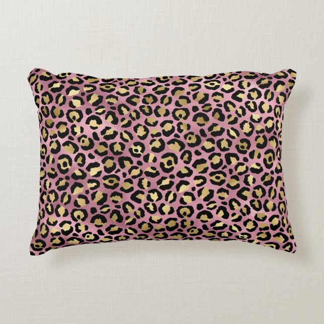 Almofada Decorativa Série de Design Leopardo Rosa e Dourado 15 (Frente)