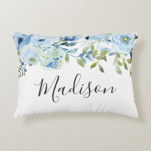 Almofada Decorativa Sky Blue Watercolor Flowers Girls Name Gift