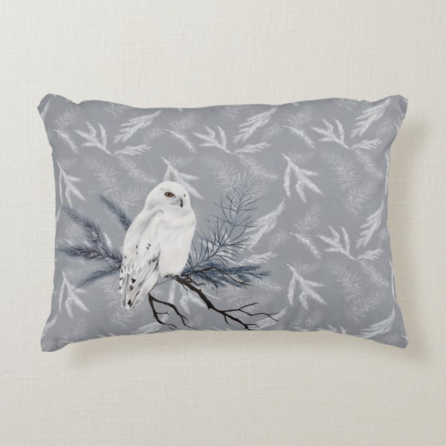Almofada Decorativa Snowy Owl On Winter Pine (Frente)