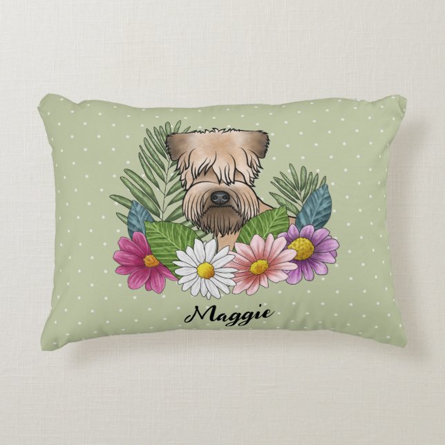 Almofada Decorativa Soft-Coated Wheaten Terrier Com Flores E Nome (Frente)