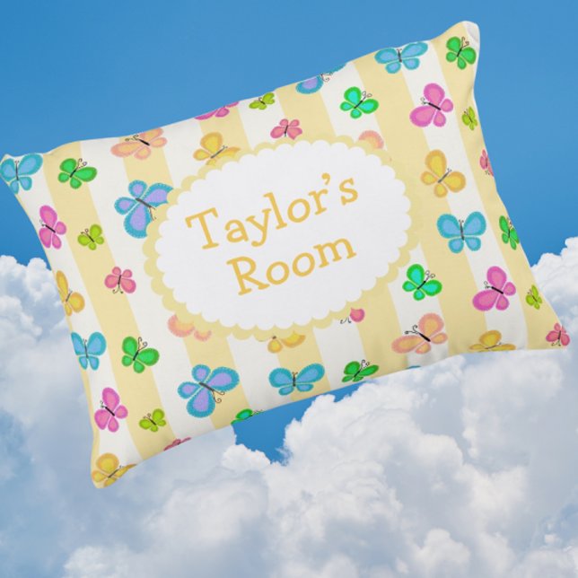 Almofada Decorativa Sonhos de Borboleta Amarelo com Faixa Branco Perso (Personalize it!)