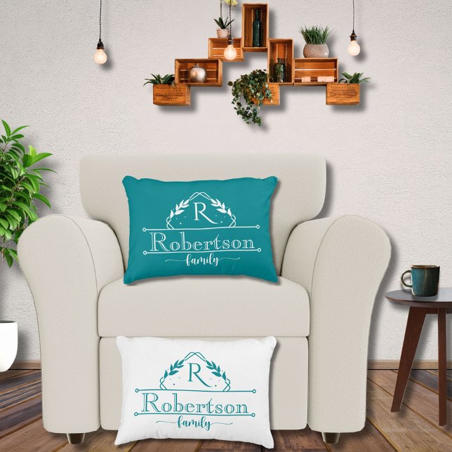 Almofada Decorativa Split Monogram Family Name Tropical Teal Frame (Criador carregado)