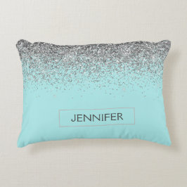 Almofada Decorativa Teal Aqua Blue Silver Glitter Girly Monographic No