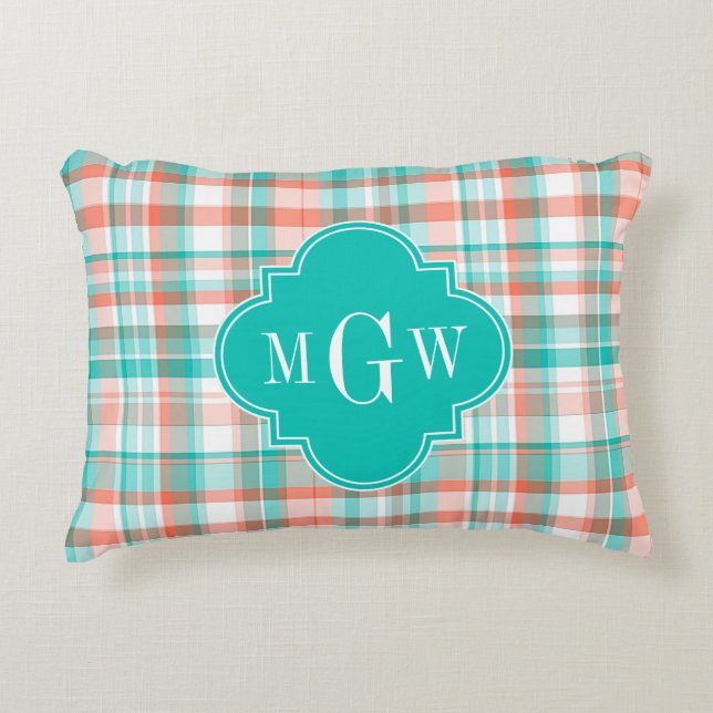Almofada Decorativa Teal Coral White Preppy Madras Monograma (Frente)
